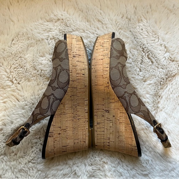 Coach Ferry Logo Monogram Canvas Slingback Cork Wedge - Picture 7 of 11